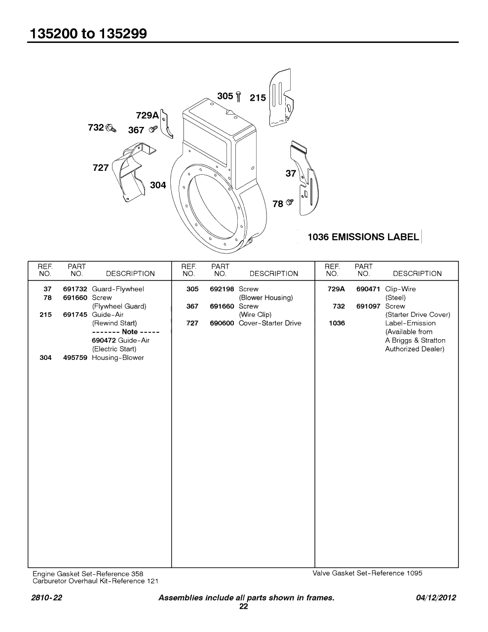 Blower Housing Diagram and Parts List for 135207-0325-XX  Briggs and Stratton Engine